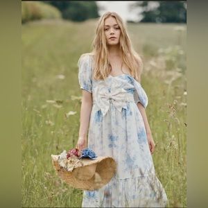 LoveShackFancy Angie blue and white floral puff slv midi dress - size 4